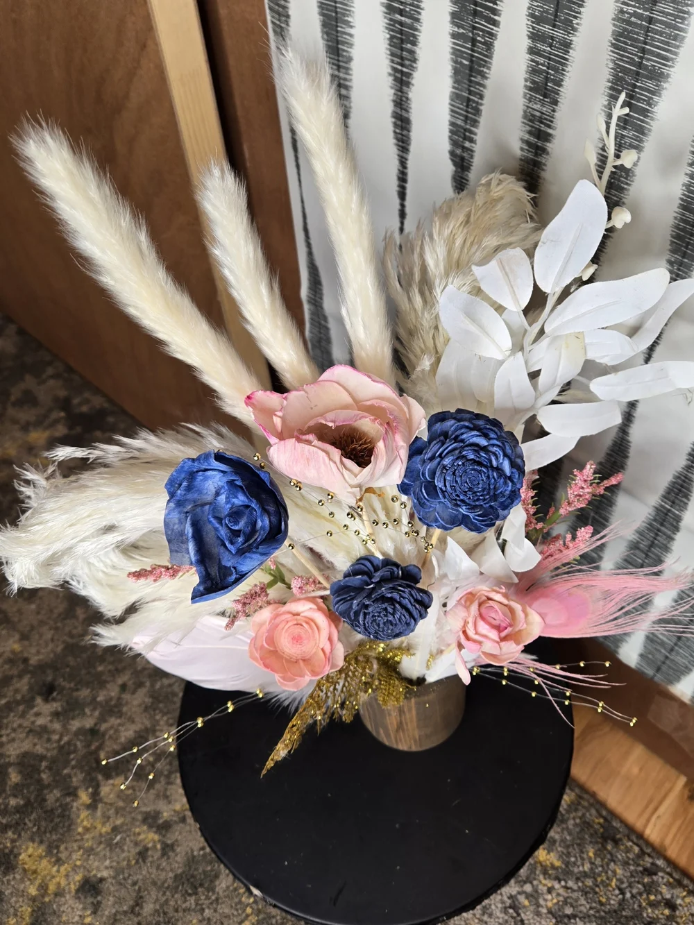 Navy Blue & Blush Pink Sola Wood Flower Arrangement with Feathers + Wood Vase